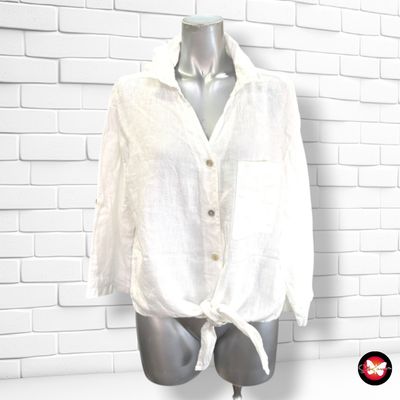 Camisa de lino con lazo color Blanco Talla ÚNICA