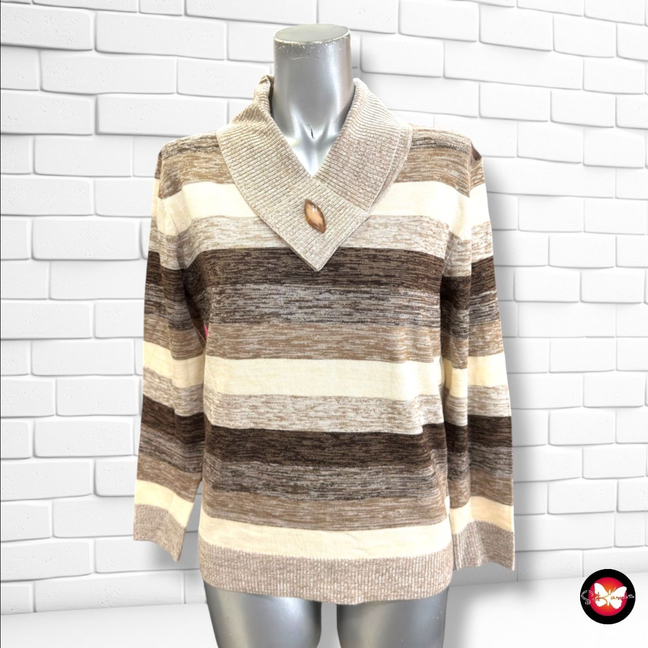 Jersey de manga larga y cuello vuelto  color Marrón y beige Talla S
