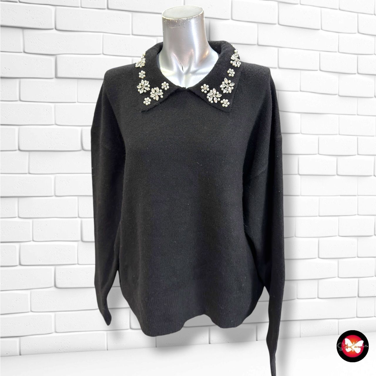 **HOY** Jersey de manga larga y pedrería en el cuello PRIMARK color Negro Talla XL