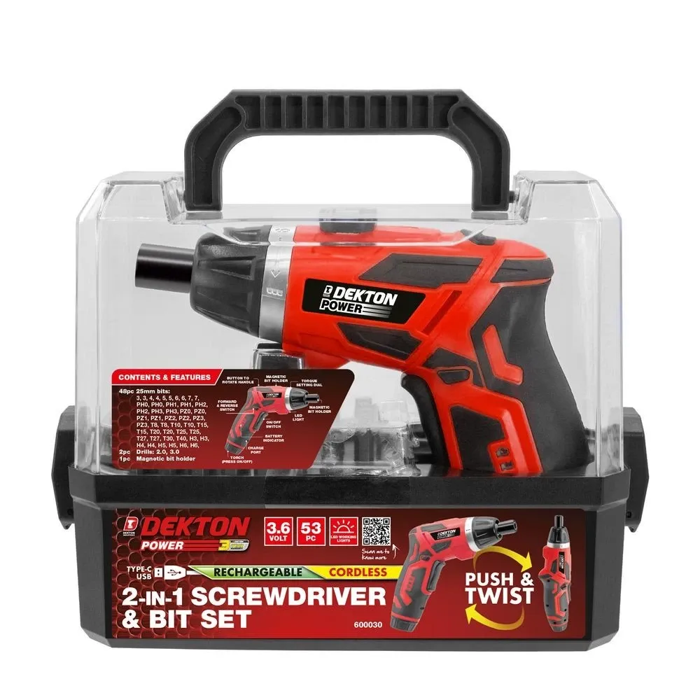 DEKTON VDE Cordless 3.6v Li-Ion Mini Electric Screwdriver Set – 48pcs with USB-C Rechargeable Battery, 200rpm, Led Light, 1/4" Quick Release Chuck, Storage Case & Flexible Shaft DEKTON VDE Cordless 3.6v Li-Ion Mini Electric Screwdriver Set – 48pcs with USB-C Rechargeable Battery, 200rpm, Led Light, 1/4" Quick Release Chuck, Storage Case & Flexible Shaft