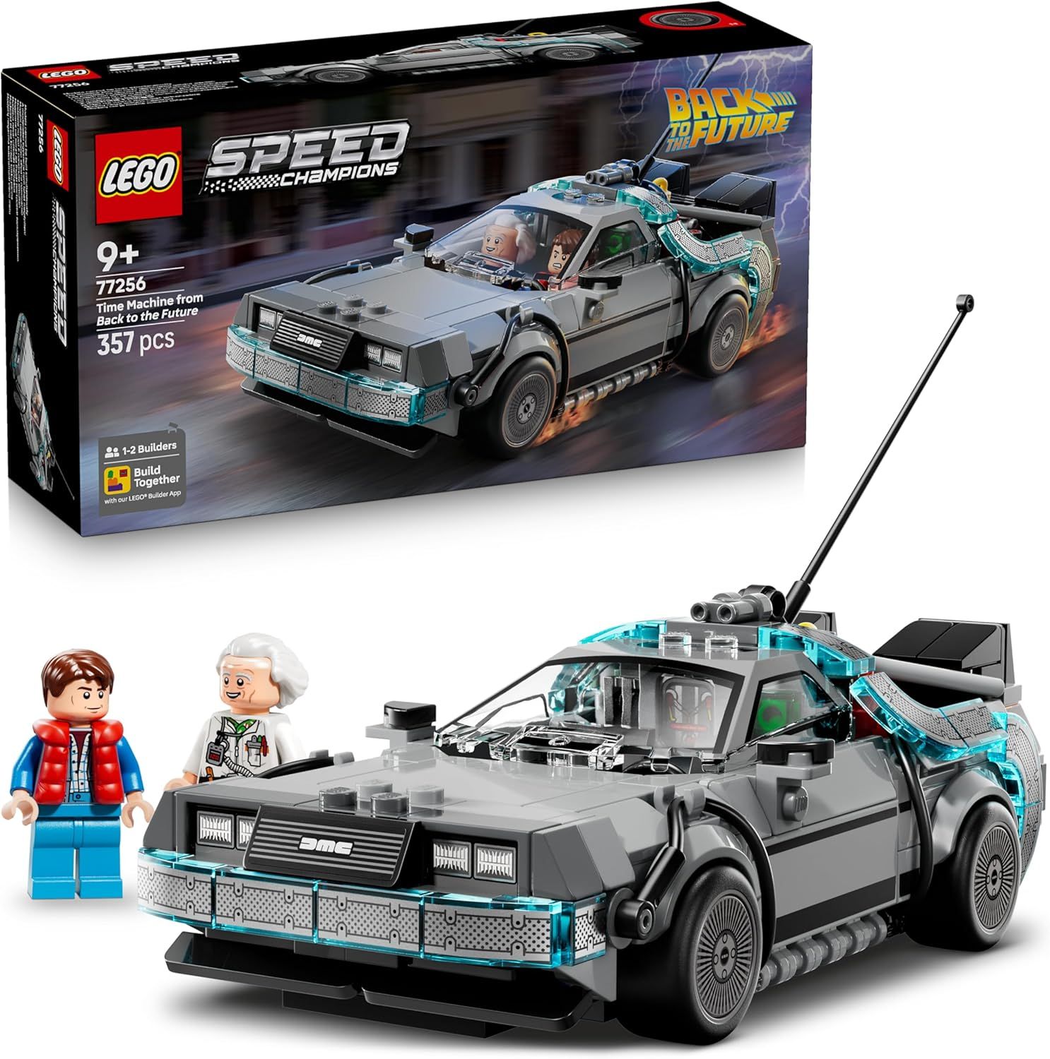 LEGO Speed Champions Time Machine from Back to the Future Toy - Car Model Kit w/Doc Brown &amp; Marty McFly Minifigures - Gift for 9+ Year Old Boys, Girls &amp; Movie Fans - 77256