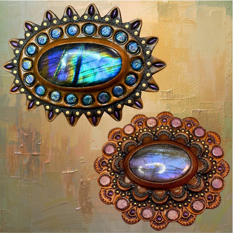 Hand Tooled Leather Concho: Purple Labradorite Bag Accessory