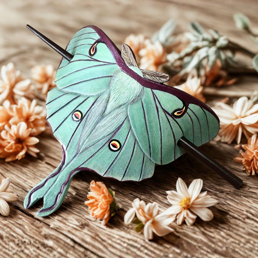 Large Tooled Leather Luna Moth Hair Barrette with a Stick
