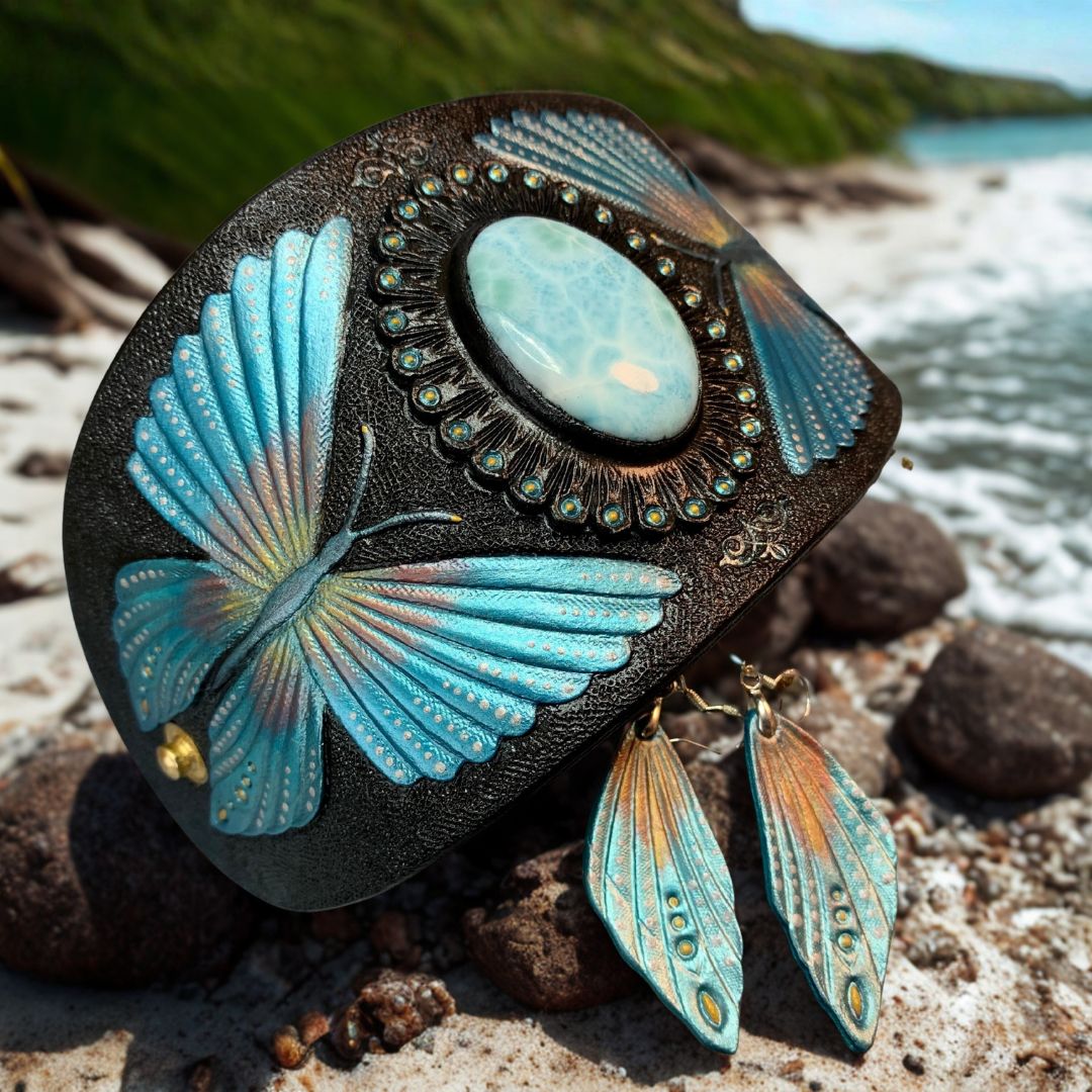 Handmade Tooled Leather Boho Jewelry Set with Dominican Larimar