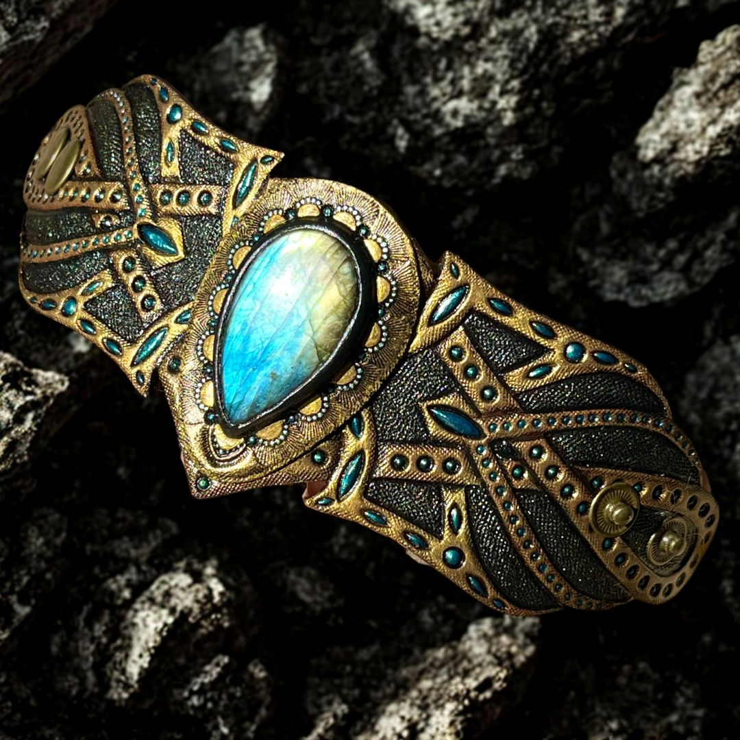 Tooled Leather Cuff Bracelet with Labradorite and Golden Sheen