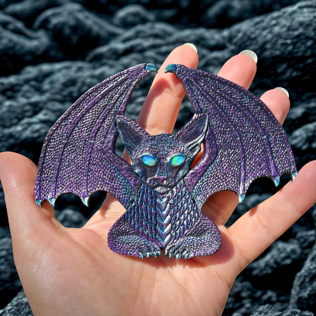 Tooled Leather Dragon Cat Patch / Applique with Ethiopian Opal Eyes