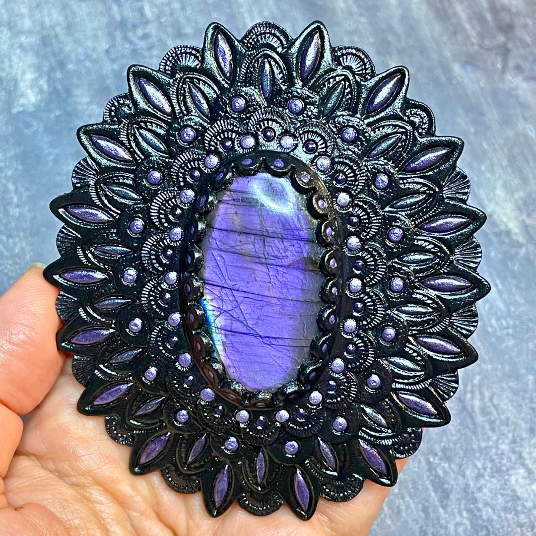 Tooled Leather Concho with Purple Labradorite