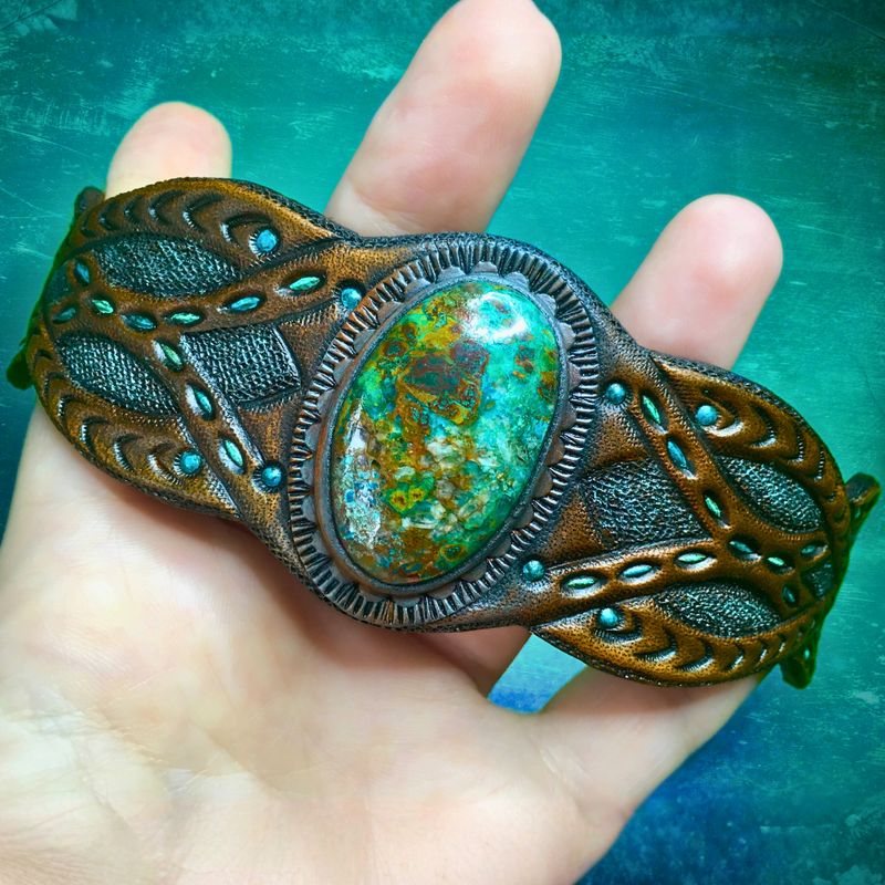 Hand Tooled Leather Boho Cuff Bracelet with Chrysocolla