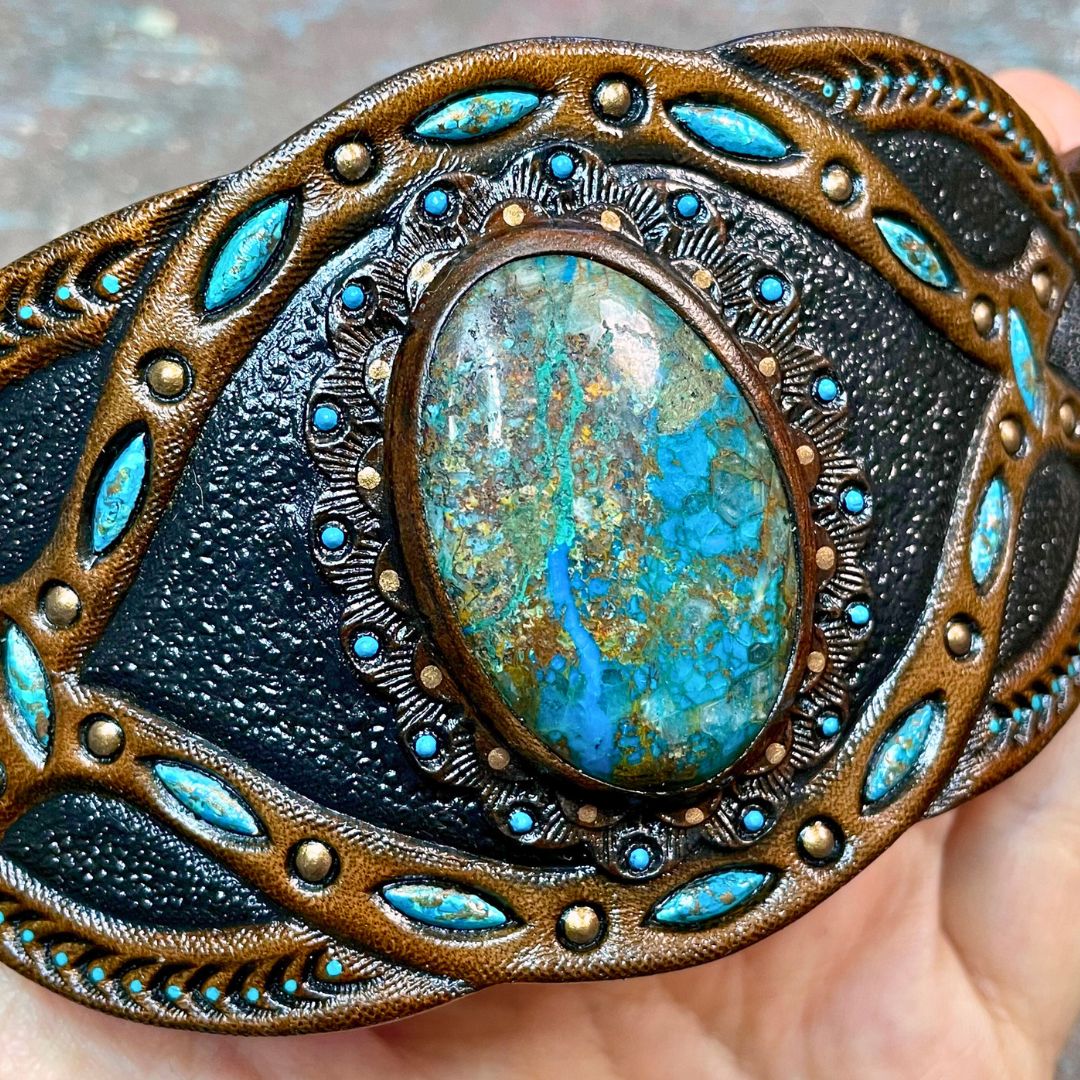 Tooled Leather Boho Bracelet with Chrysocolla