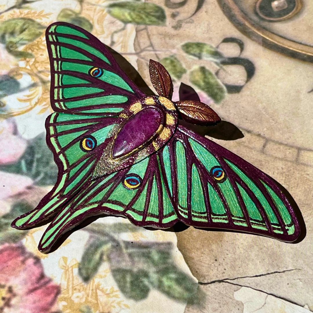 Tooled Leather Spanish Luna Moth Hair Barrette with Ruby