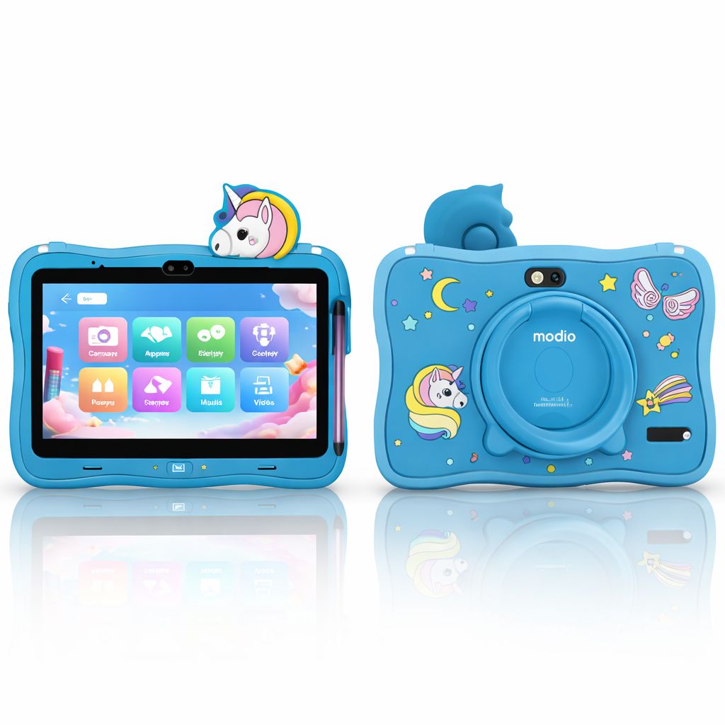 Modio M71 Kids Tablet 7 Inch HD Display, 6GB RAM + 128GB ROM, Dual Camera, 3000mAh Battery, Shockproof Unicorn Case with Stylus &amp; Accessories