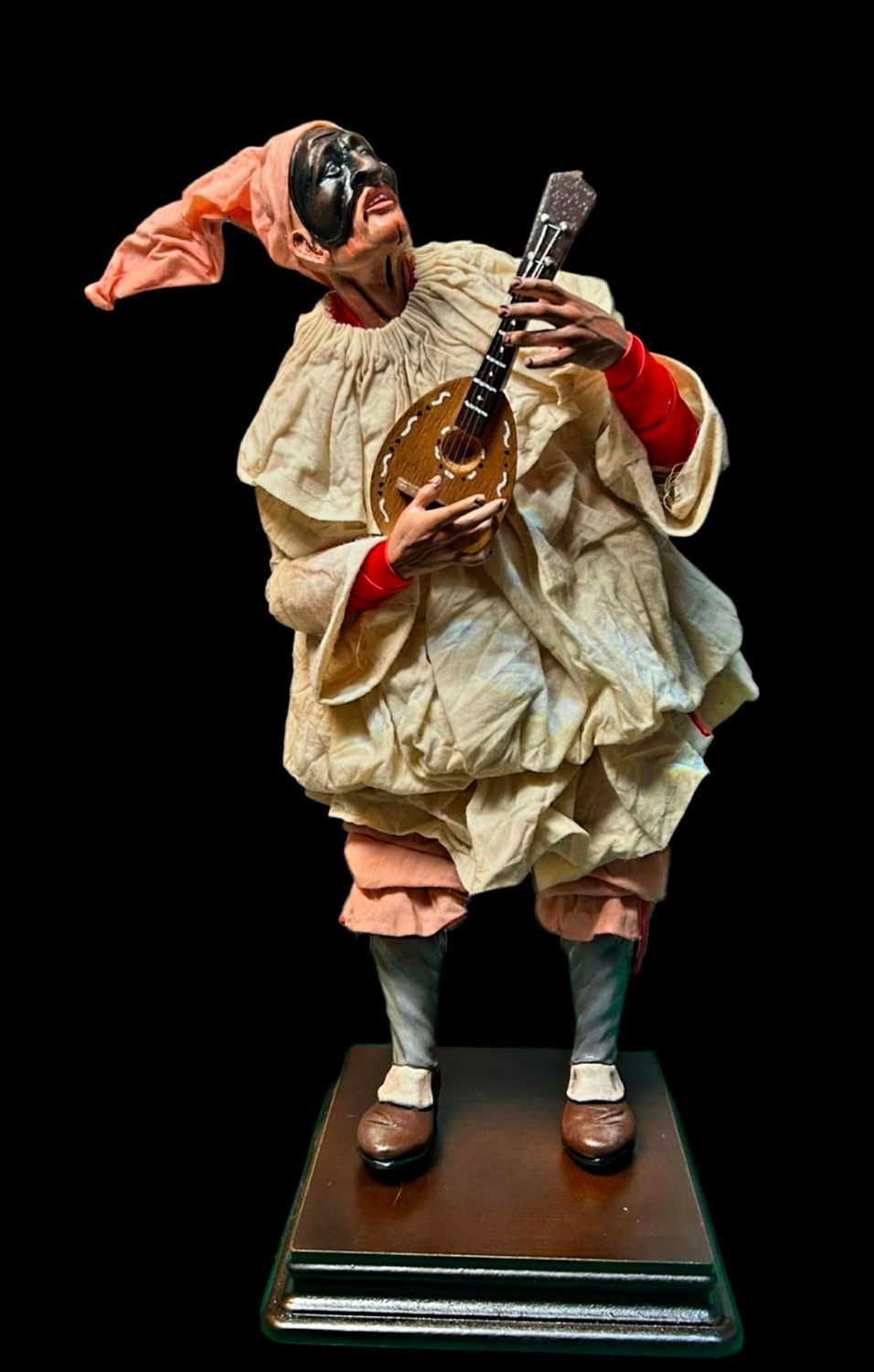 Terracotta Pulcinella with mandolin statue, 30 cm