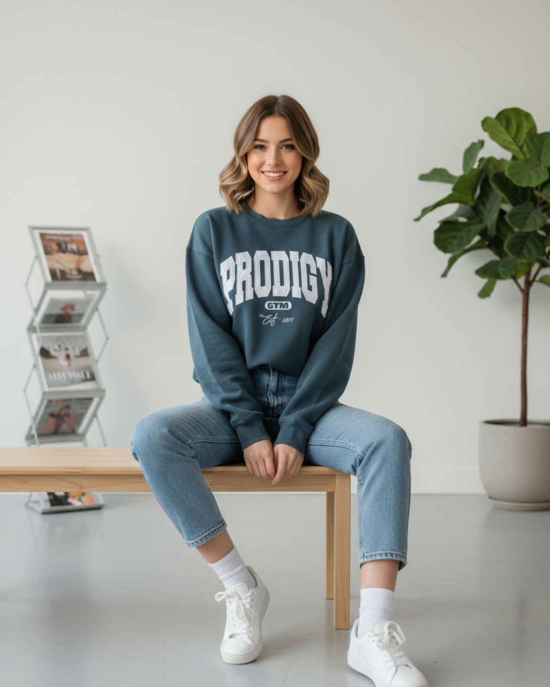 Oversized Blue Crewneck, White Embroider