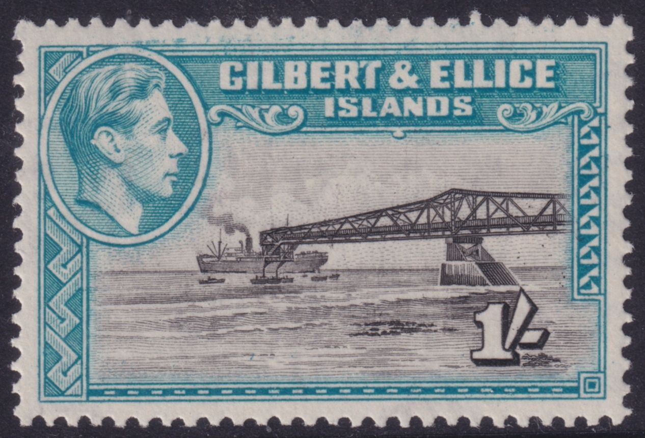 Gilbert &amp; Ellice Islands 1943 1/- Brownish Black and Turquoise Blue