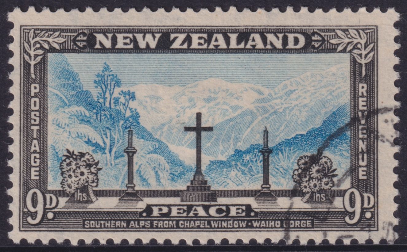 New Zealand 1946 9d Peace with Guide Mark by Cross