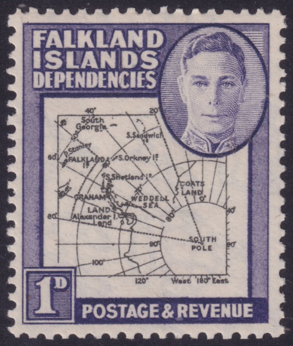 Falkland Islands Deps 1946 1d Black and Violet Map with Extra Island
