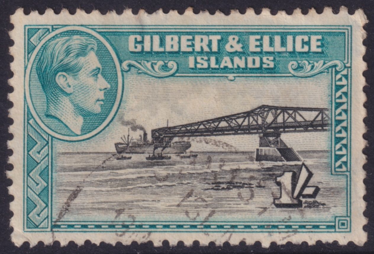 Gilbert &amp; Ellice Islands 1951 1/- Brownish Black and Turquoise Blue Perf 12