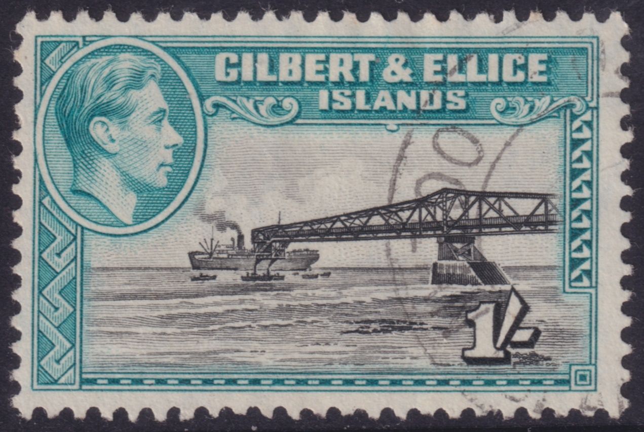 Gilbert &amp; Ellice Islands 1951 1/- Brownish Black and Turquoise Blue Perf 12