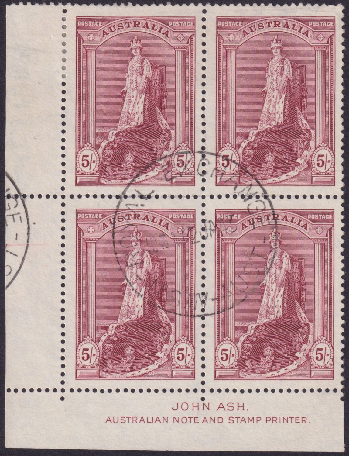 Australia 1938 5/- Claret Robes Imprint Block of Four