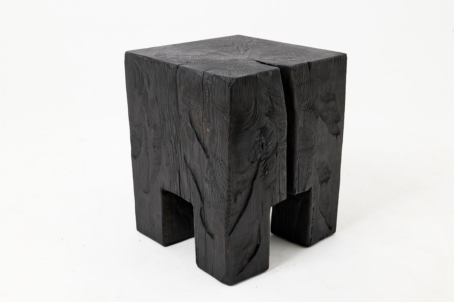Sculptural Hardwood Side Table, Stool, Charred Wood, Hand-Carved