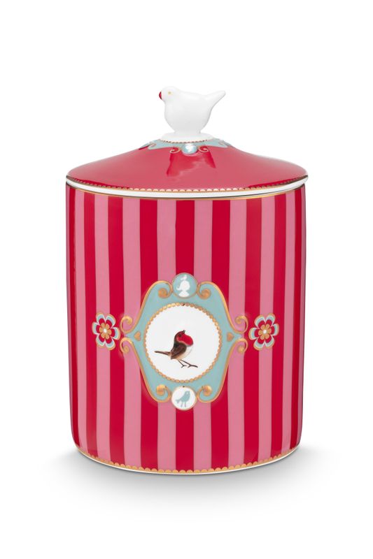Storage Jar Love Birds Medallion Stripes Red-Pink