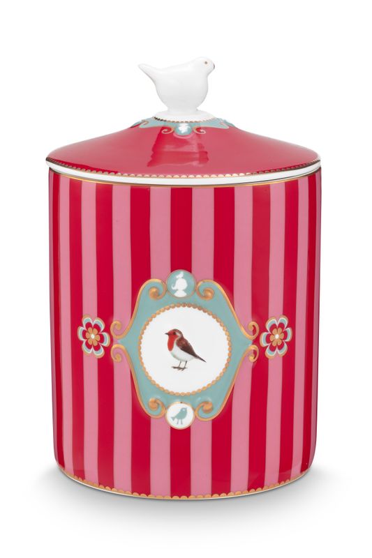 Storage Jar Love Birds Medallion Stripes Red-Pink