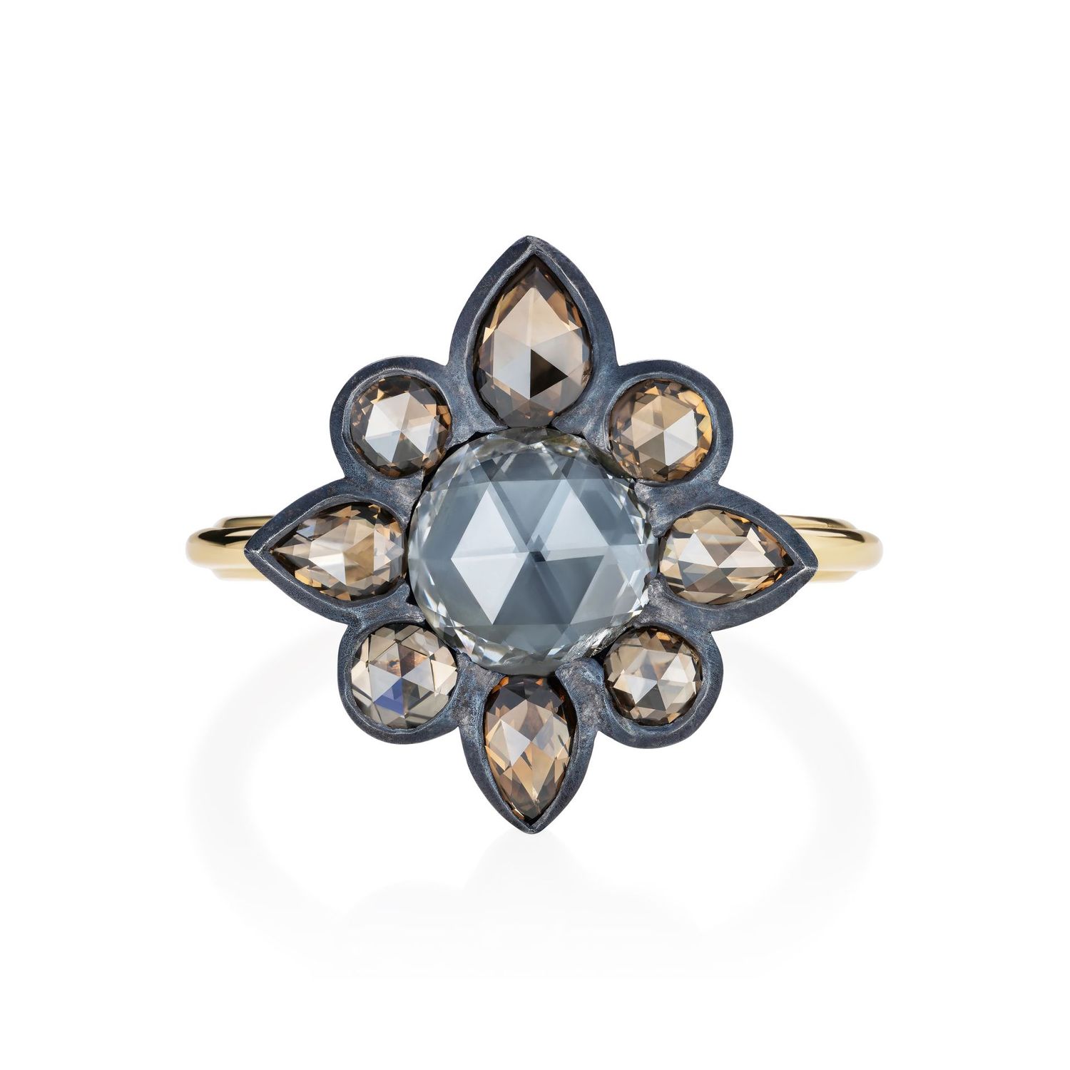 Stellar Rose Cut Champagne Diamond Ring 18k Yellow Gold Silver