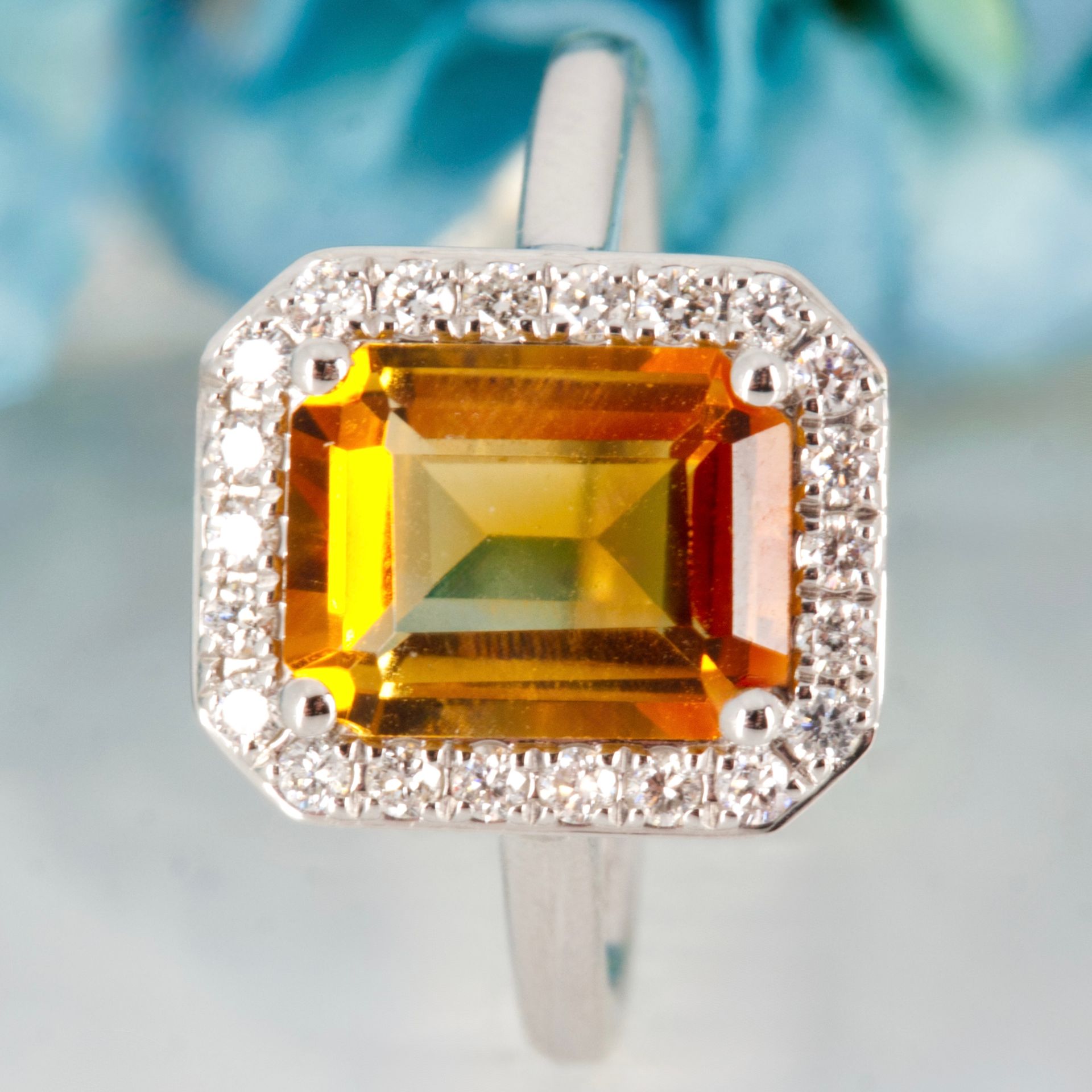 9ct White Gold Octagonal Cut Citrine & Round Brilliant Cut Diamond Halo Cluster Ring