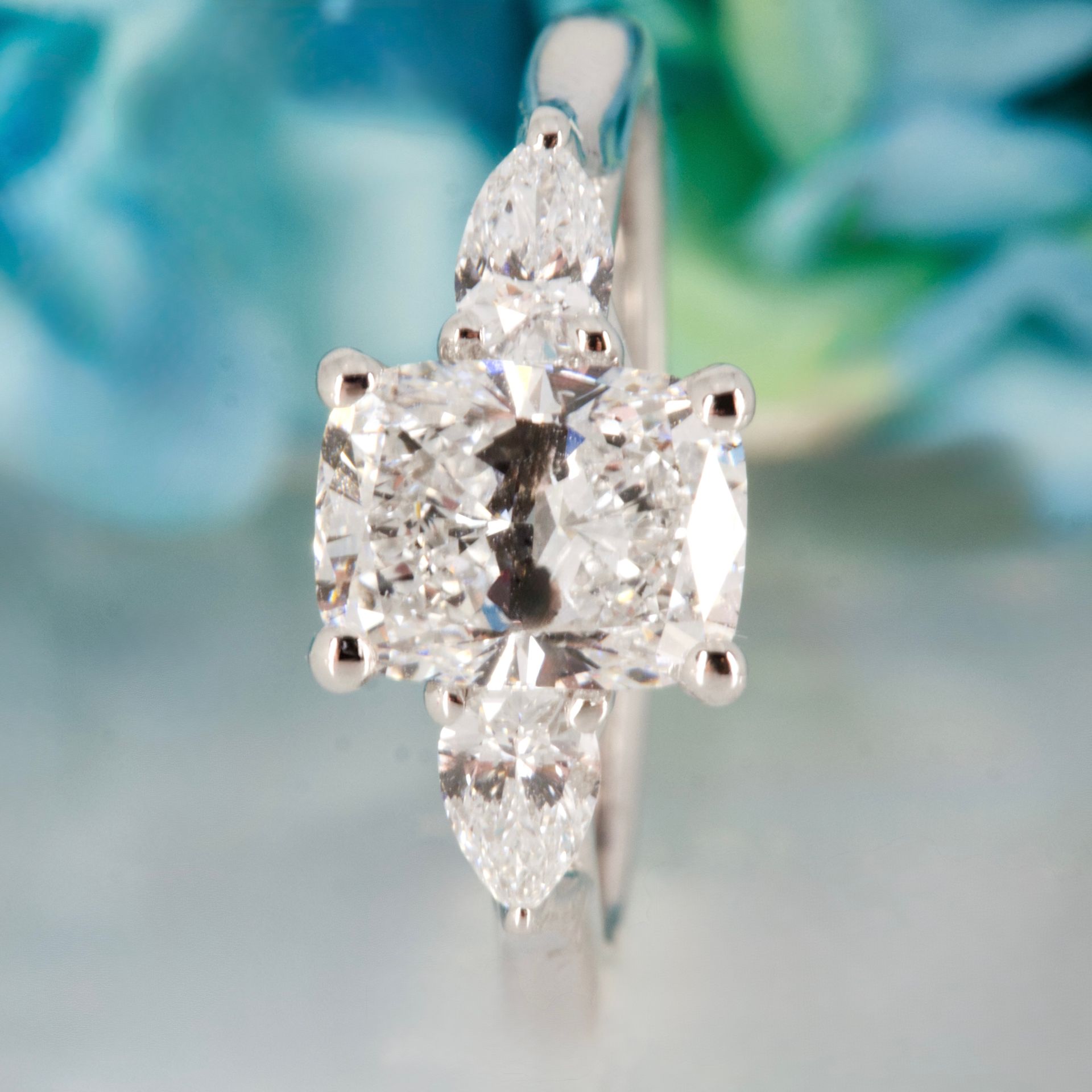 Platinum 1.83ct Cushion & Pear Cut Lab Grown Diamond Trilogy Ring