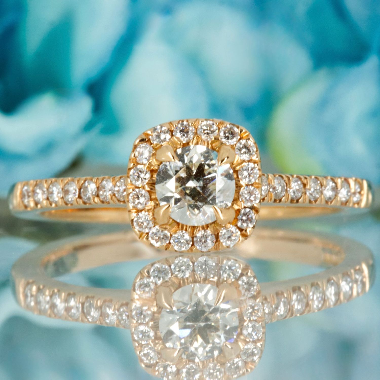 18ct Rose Gold 0.50ct Round Brilliant Cut Diamond Cushion Shaped Halo Cluster Ring