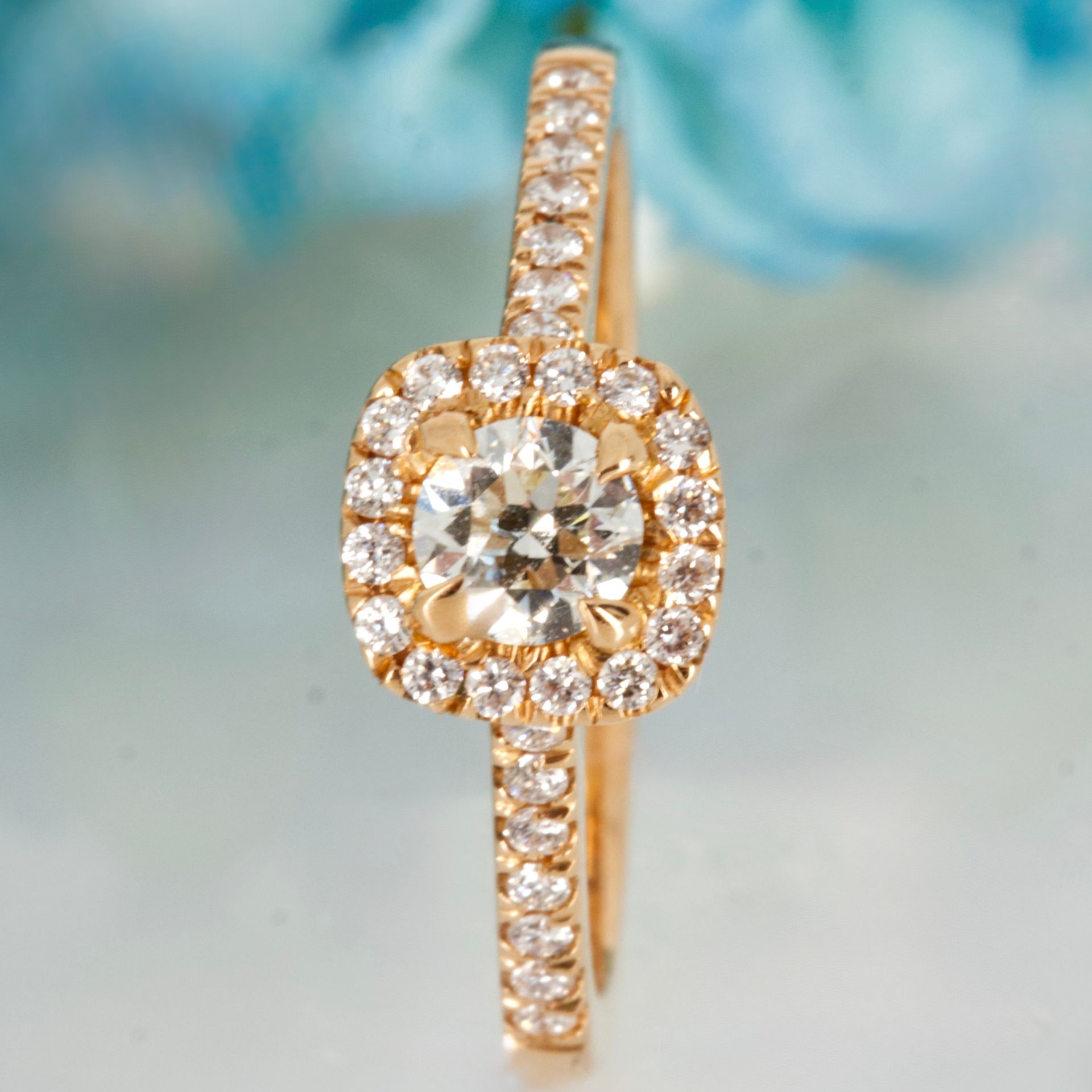 18ct Rose Gold 0.50ct Round Brilliant Cut Diamond Cushion Shaped Halo Cluster Ring