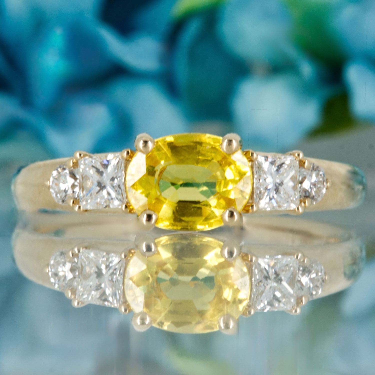 9ct Yellow Gold Oval Cut Yellow Sapphire & Princess and Round Brilliant Cut Diamond Ring