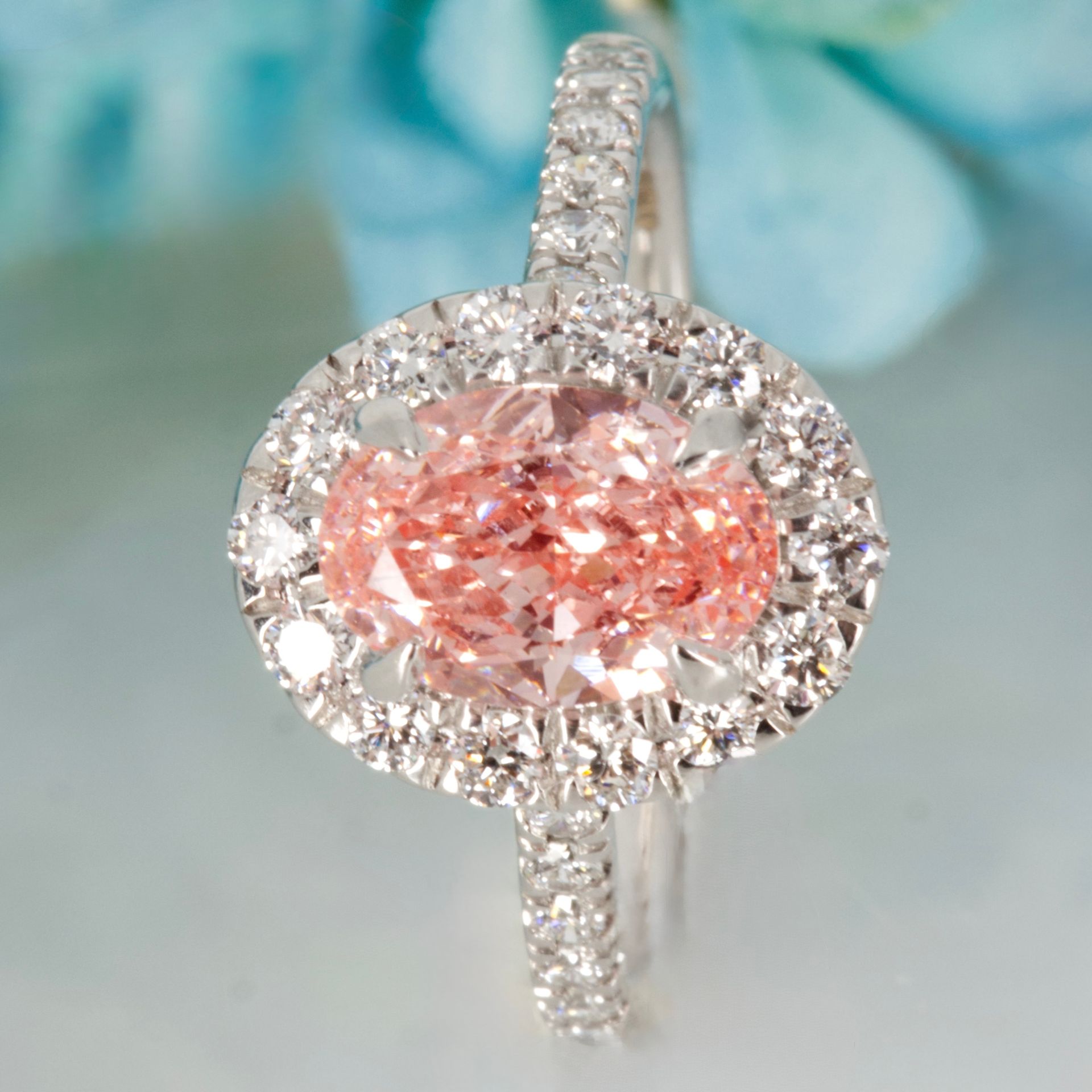 18ct White Gold 2.00ct Oval Cut Lab Grown Pink Diamond Halo Cluster Ring
