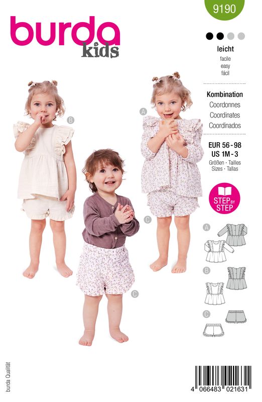 👧 Burda Style Mönster 9190 – Flickset Blus &amp; Shorts (56–98)