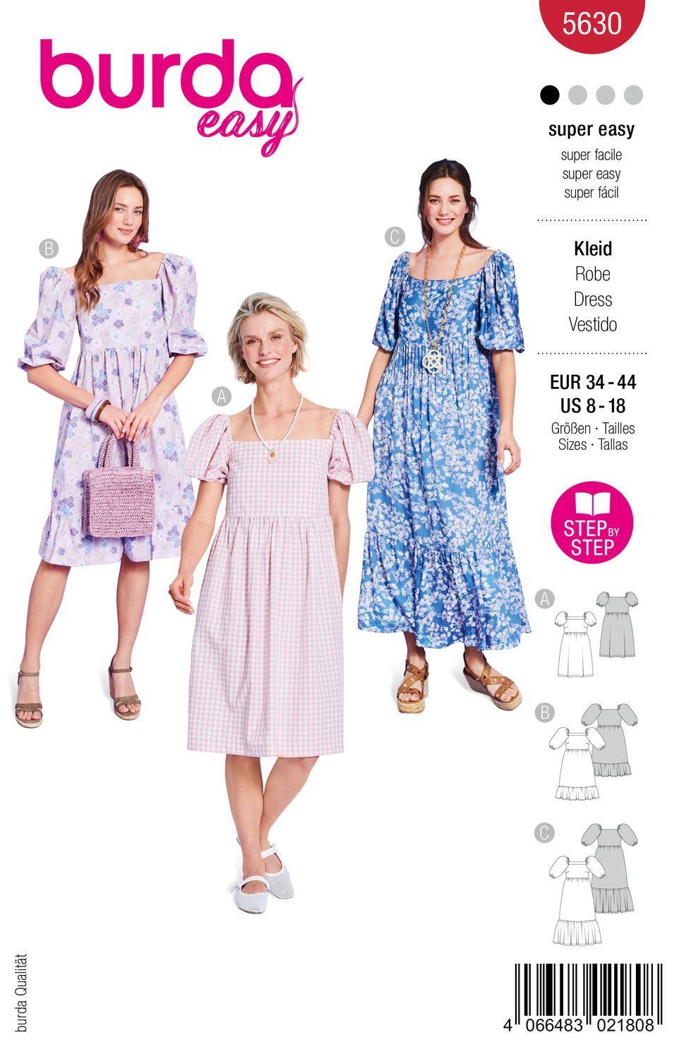 👗 Burda Style Mönster 5630 – Sommarklänningar med Puffärmar för Dam (34–44)