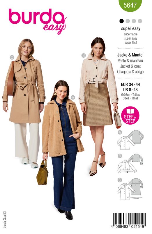 🧥 Burda Style Mönster 5647 – Trenchcoat &amp; Jackor för Dam (34–44)