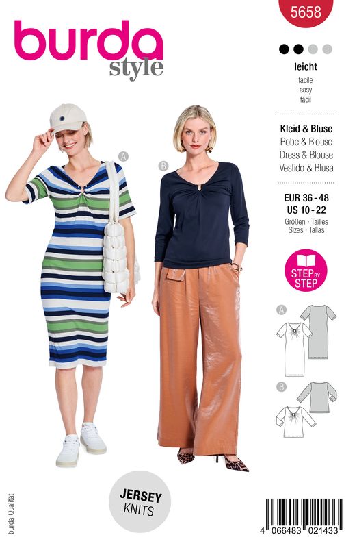 👗 Burda Style Mönster 5658 – Jerseyklänning &amp; Topp för Dam (36–48)