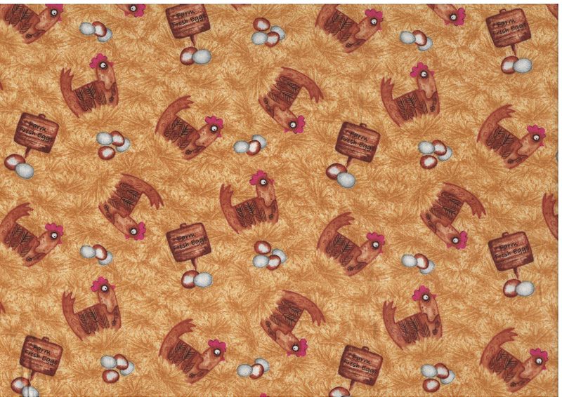 Bomullstyg med höns och ägg – lantligt patchworktyg.