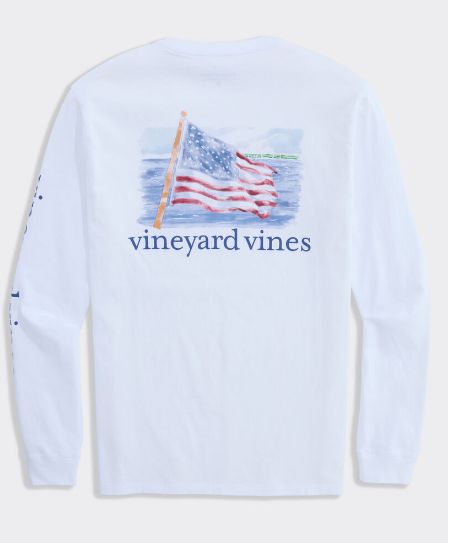 Vineyard Vines Painted Shining Sea Flag Long-Sleeve Pocket Tee in White Cap