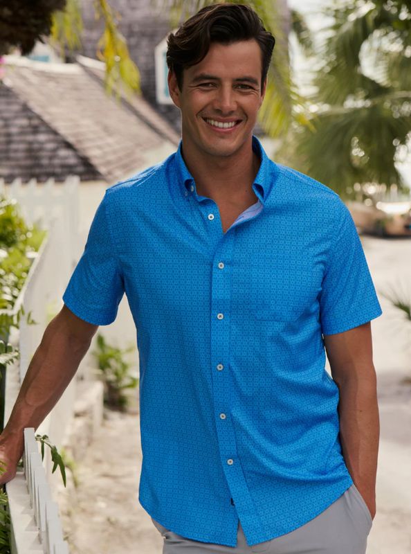 Southern Tide Seaside Geo Coastal Breeze® Short Sleeve Sport Shirt in Blue Stream
