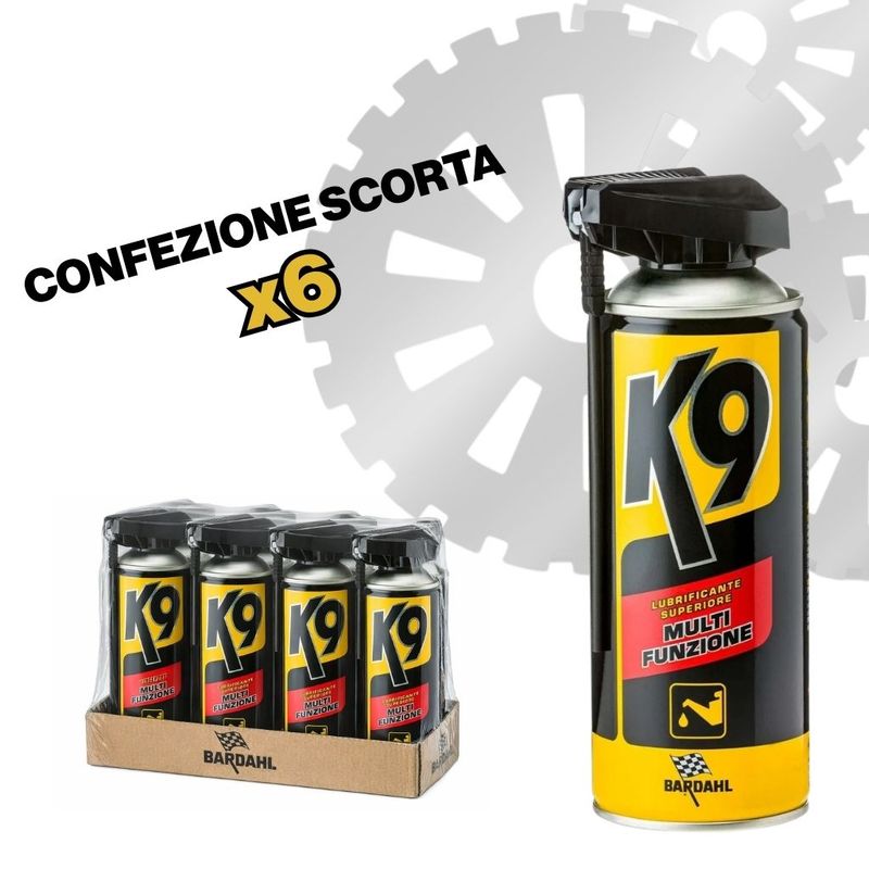 Confezione cartonato da 6 pezzi di Bardahl K9 Lubrificante Spray Multiuso 400 ml, bombole nere e gialle.