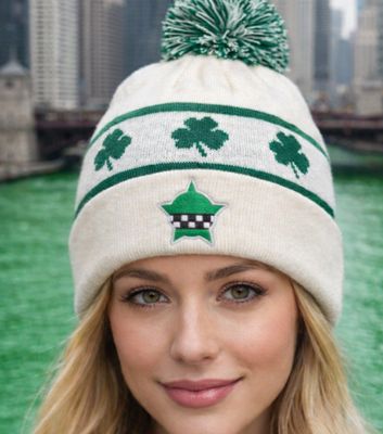 CPMF White Shamrock Pom Knit Hat With Cuff