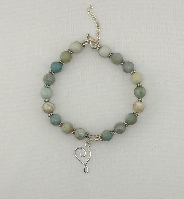 Sage Green Stone Bracelet with a Sterling Silver Heart Charm