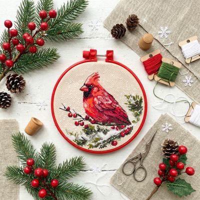 Winter Cardinal by Abris Art Winter tale Collection Counted Cross Stitch Kit Extras: Decorative Embroidery Frame