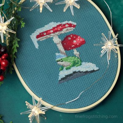 Winter Toadstool Frog by Fine Frog Stitching Printed Counted Cross Stitch pattern