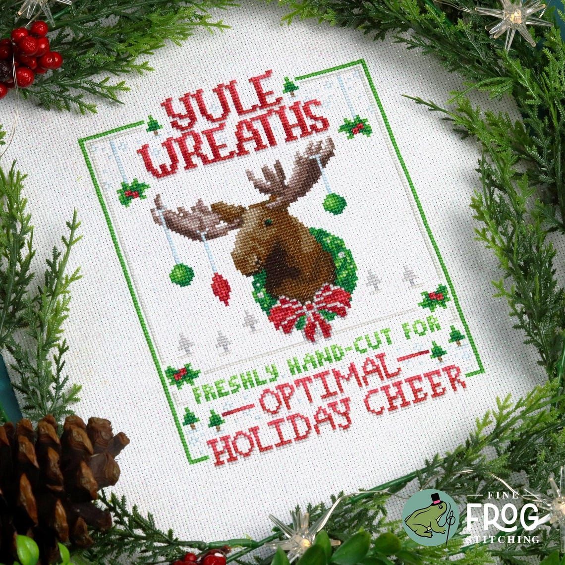 Yule Wreath Advert by Fine Frog Stitching Printed Counted Cross Stitch pattern