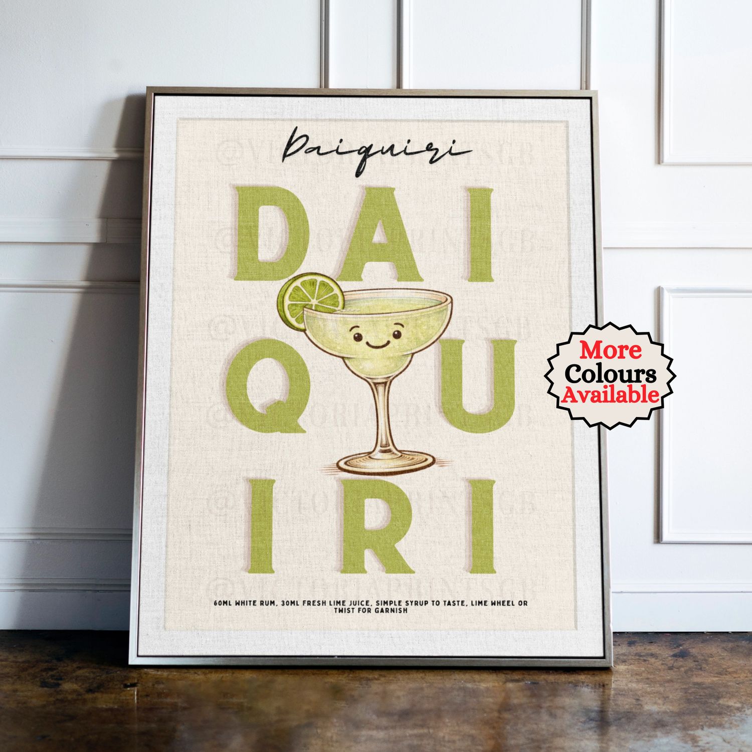 Daiquiri cocktail print, lime cocktail wall art with illustrated drink and recipe, kitchen bar decor poster