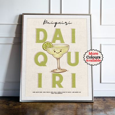Daiquiri Cocktail Print Daiquiri cocktail print, lime cocktail wall art with illustrated drink and recipe, kitchen bar decor poster