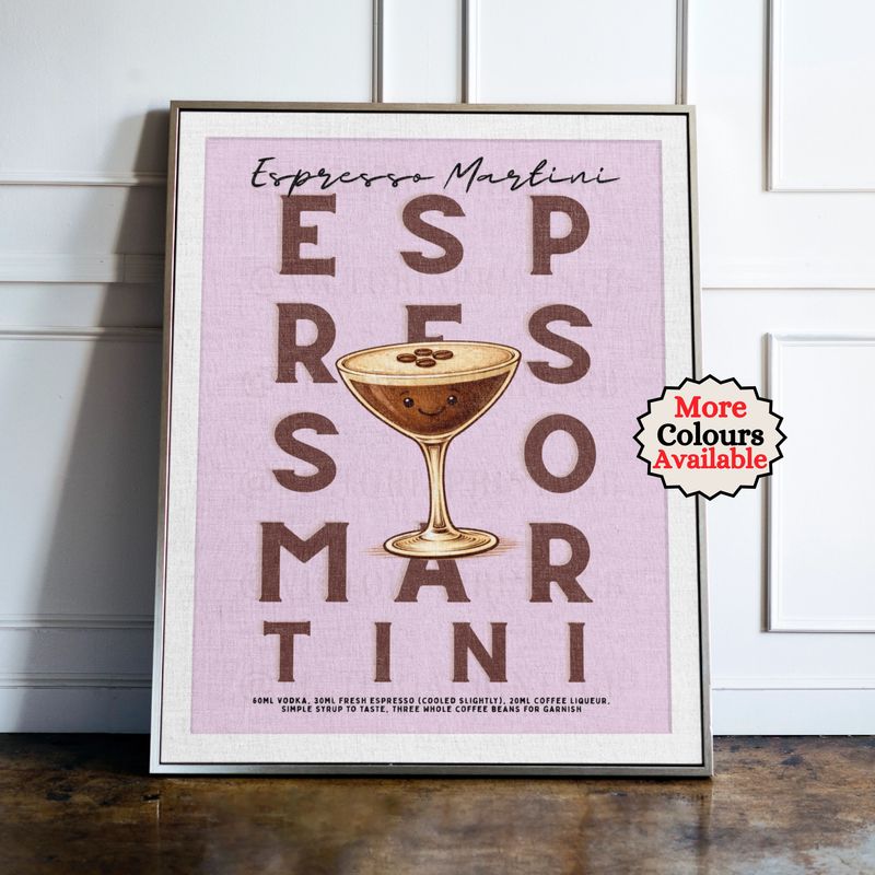 Espresso Martini cocktail print, coffee cocktail wall art with illustrated drink and recipe, kitchen bar decor poster