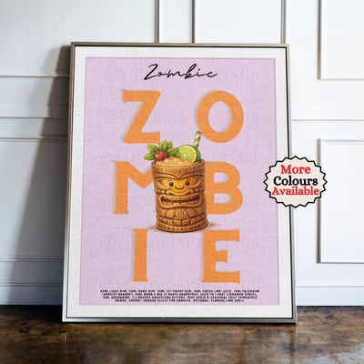 Zombie cocktail print, lime cocktail wall art with illustrated drink and recipe, kitchen bar decor poster